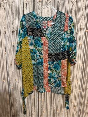 Johnny Was Multi Floral Patchwork V-Neck Tunic - Blue, Yellow, Coral, Black